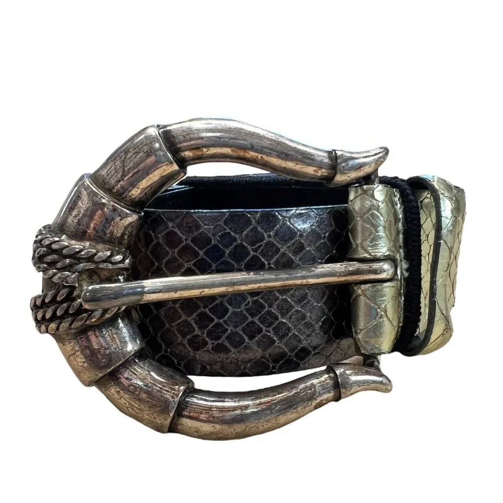Vintage Carlisle Genuine Leather Snake Print Gold Silver Belt Silver Tone Buckle